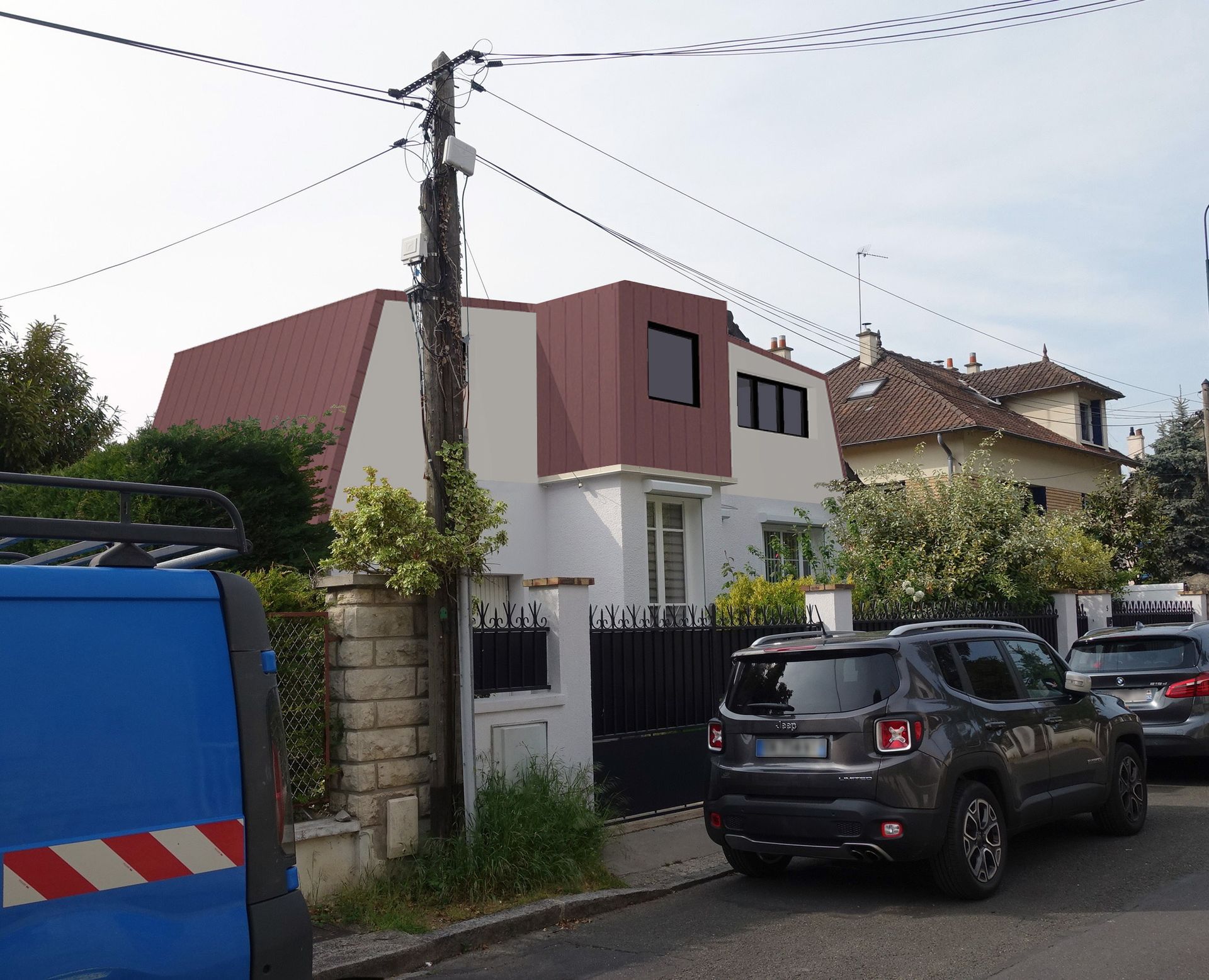 Intégration 3D d'une surélévation de maison à partir d'une photo de l'extérieur.