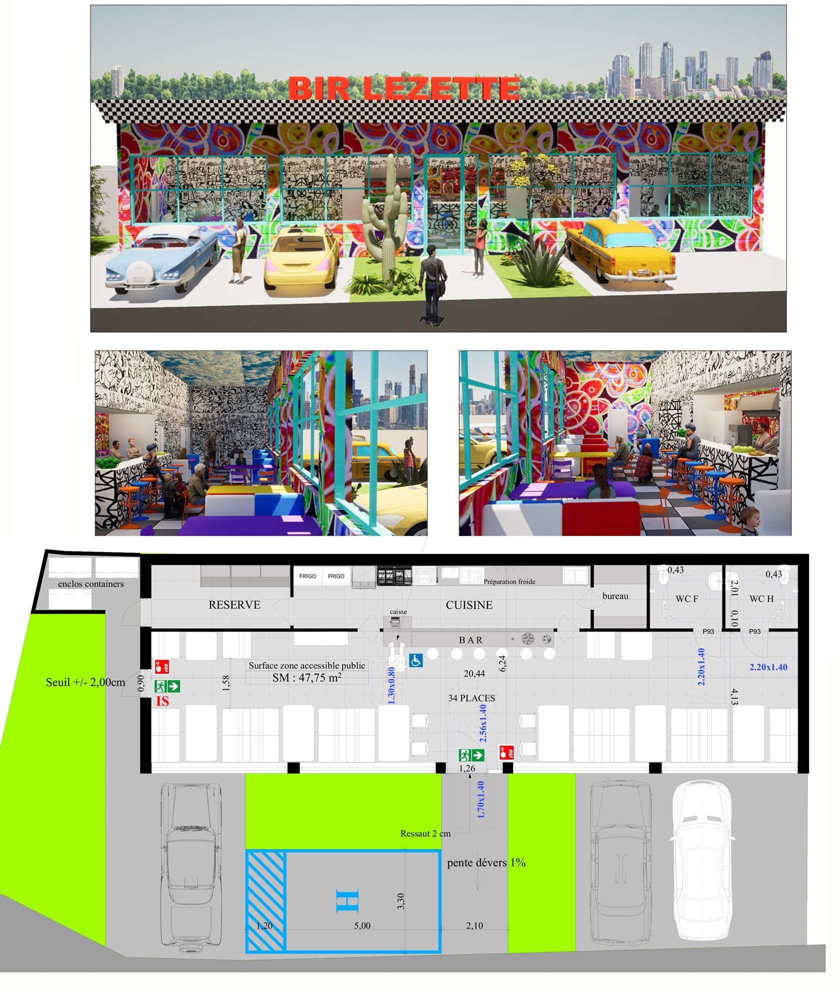 Plan et modélisation 3D d'un lieu de restauration avec parking.