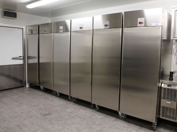 Rangée de réfrigérateurs commerciaux en acier inoxydable dans une cuisine propre