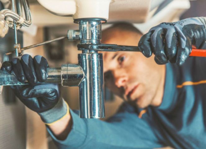Un technicien serre un tuyau sous un évier avec une clé, tout en portant des gants noirs.