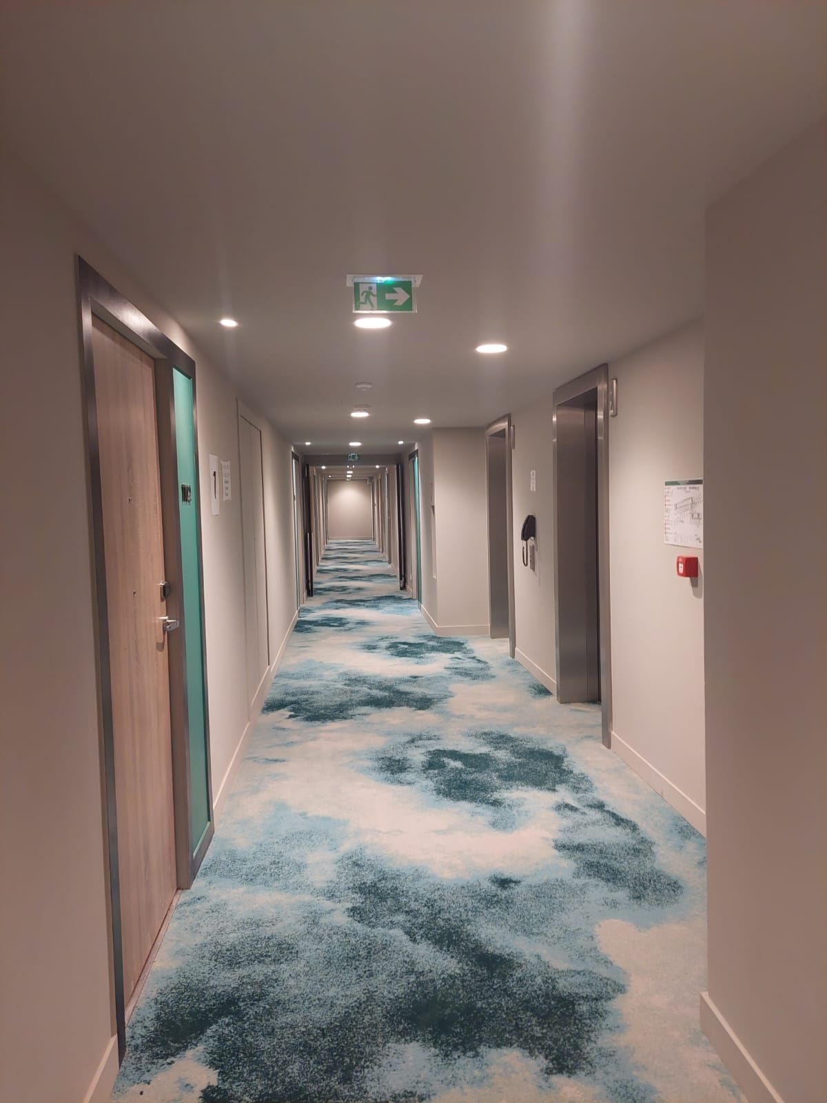 Couloir moderne avec murs beiges, éclairage encastré et tapis de couloir à motifs bleus et blancs.