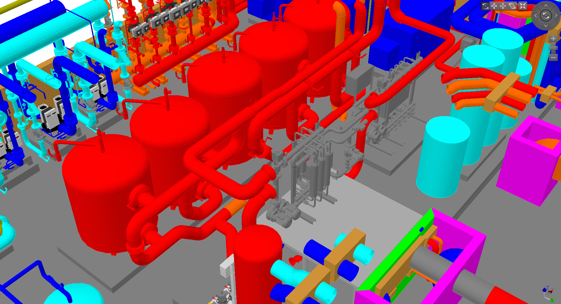 Modèle 3D d'usine industrielle avec code couleur, tuyaux rouges, réservoirs bleus et machines grises.