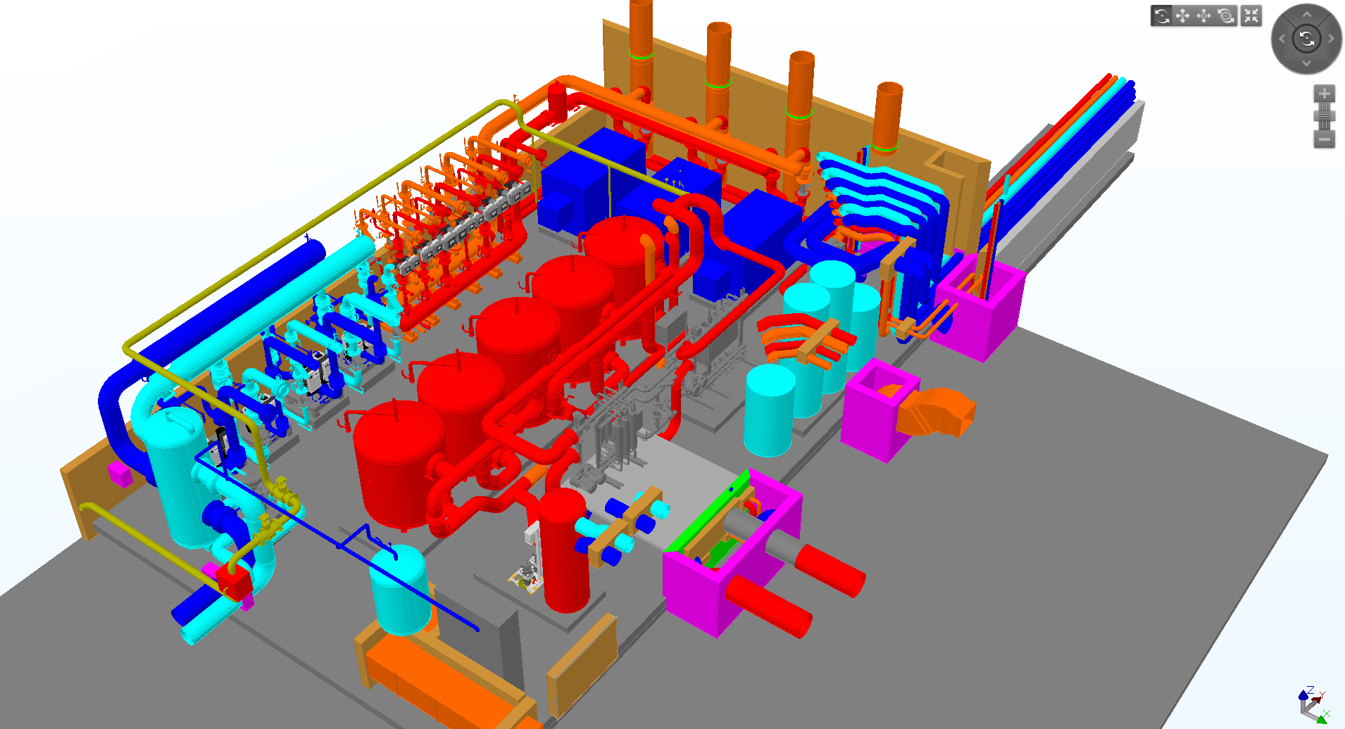 Plan 3D d'une machine industrielle avec des composants rouges, bleus et orange sur un panneau de sol gris