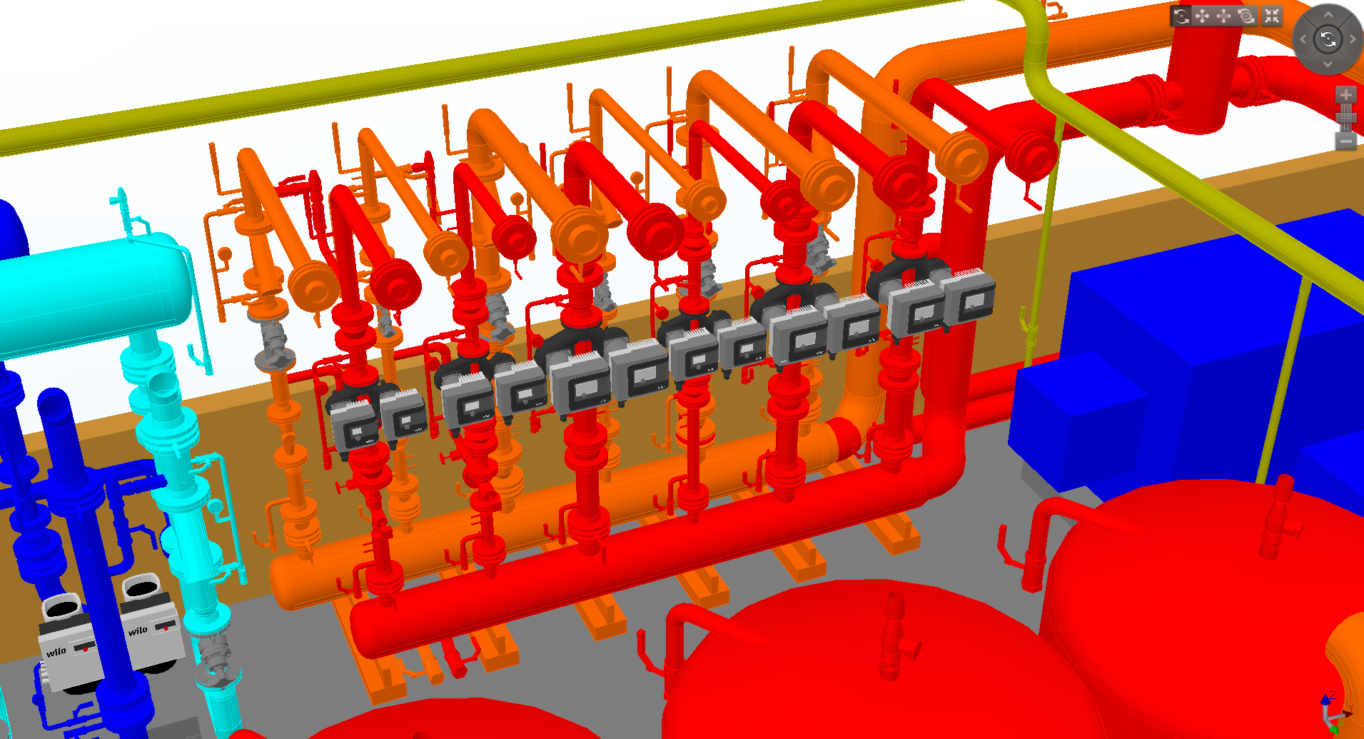 Tuyauterie et équipements industriels codés par couleur dans un modèle d'ingénierie 3D, avec des composants rouges, oranges, bleus et jaunes