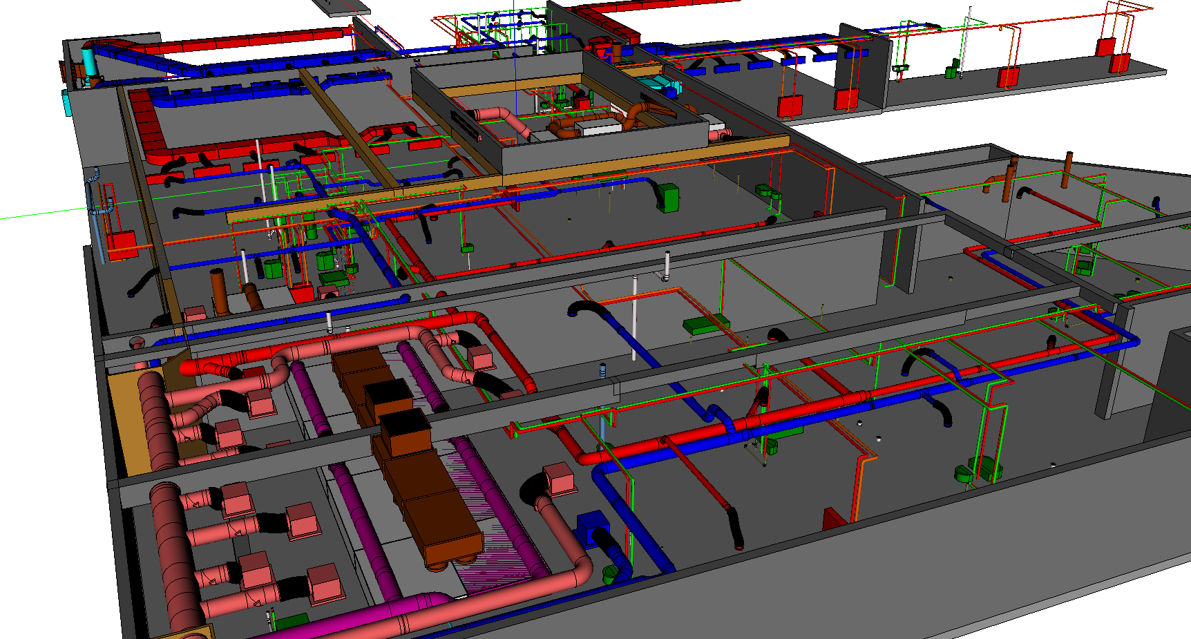 Plan d'étage 3D d'un bâtiment avec tuyauterie et conduits colorés à l'intérieur d'une structure grise