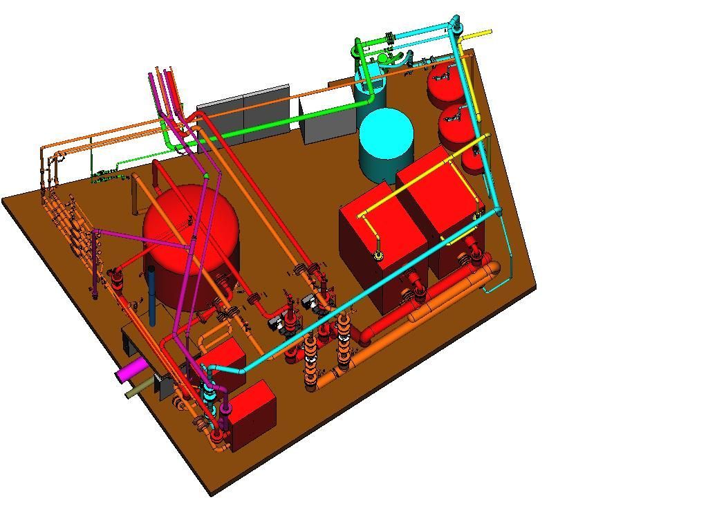 Modèle technique 3D en couleur d'une installation industrielle ou d'un agencement de machines sur fond marron.
