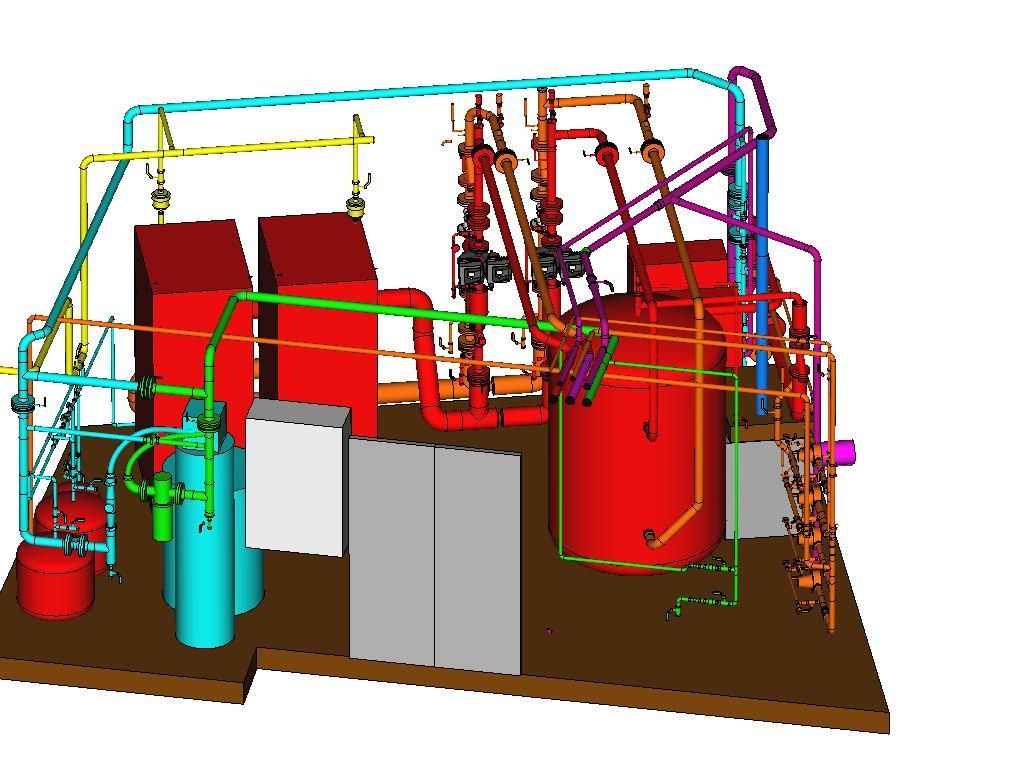 Représentation en 3D colorée d'équipements industriels et de tuyauteries sur une plateforme, montrant des réservoirs, des vannes et des machines.