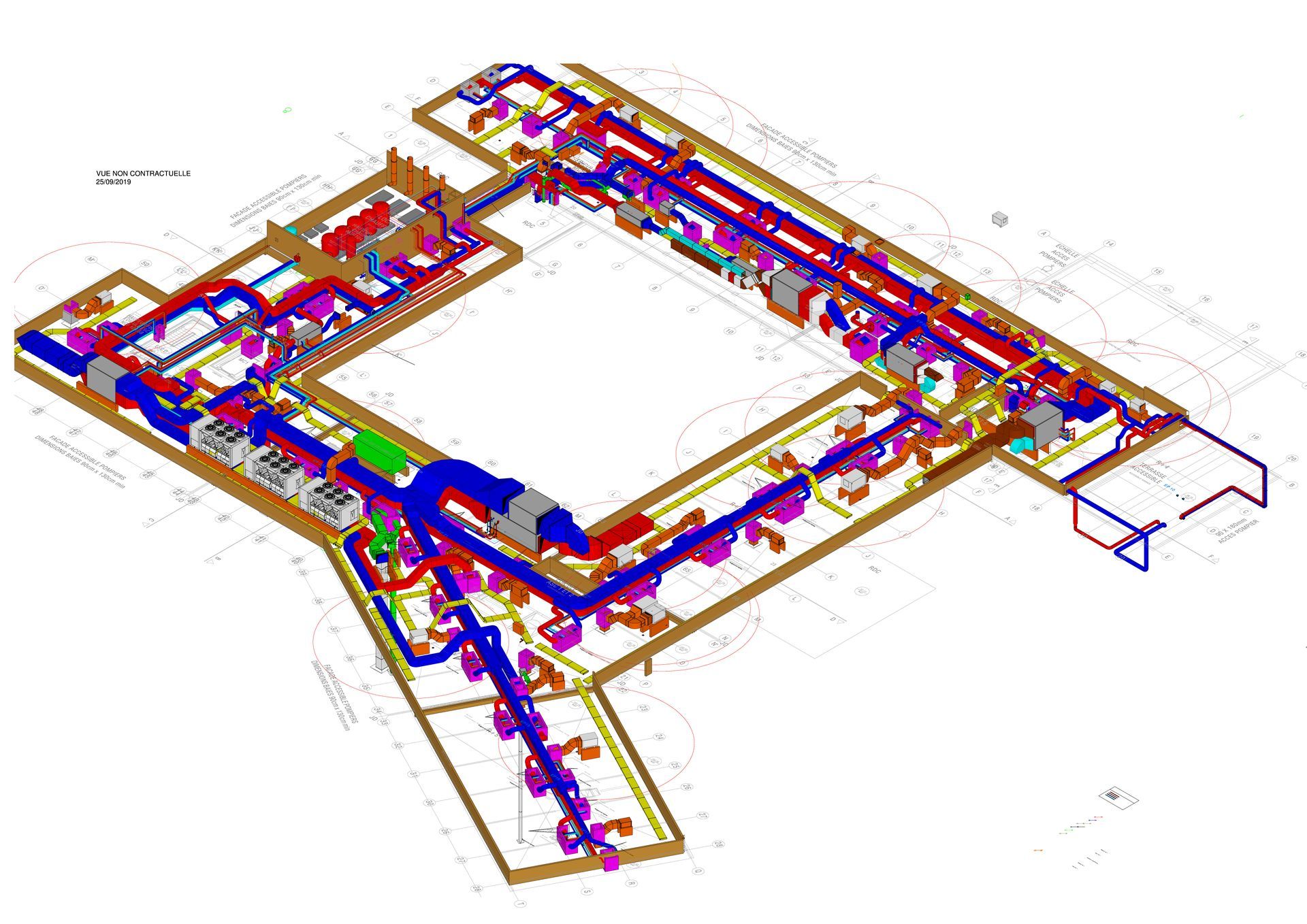 Plan architectural coloré avec pièces et couloirs délimités en rouge, bleu et jaune sur fond blanc