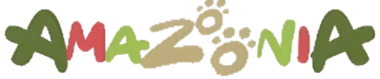 Logotipo colorido y estilizado de &laquo;AMAZONIA&raquo;, con letras verdes, rojas y doradas y detalles de hojas