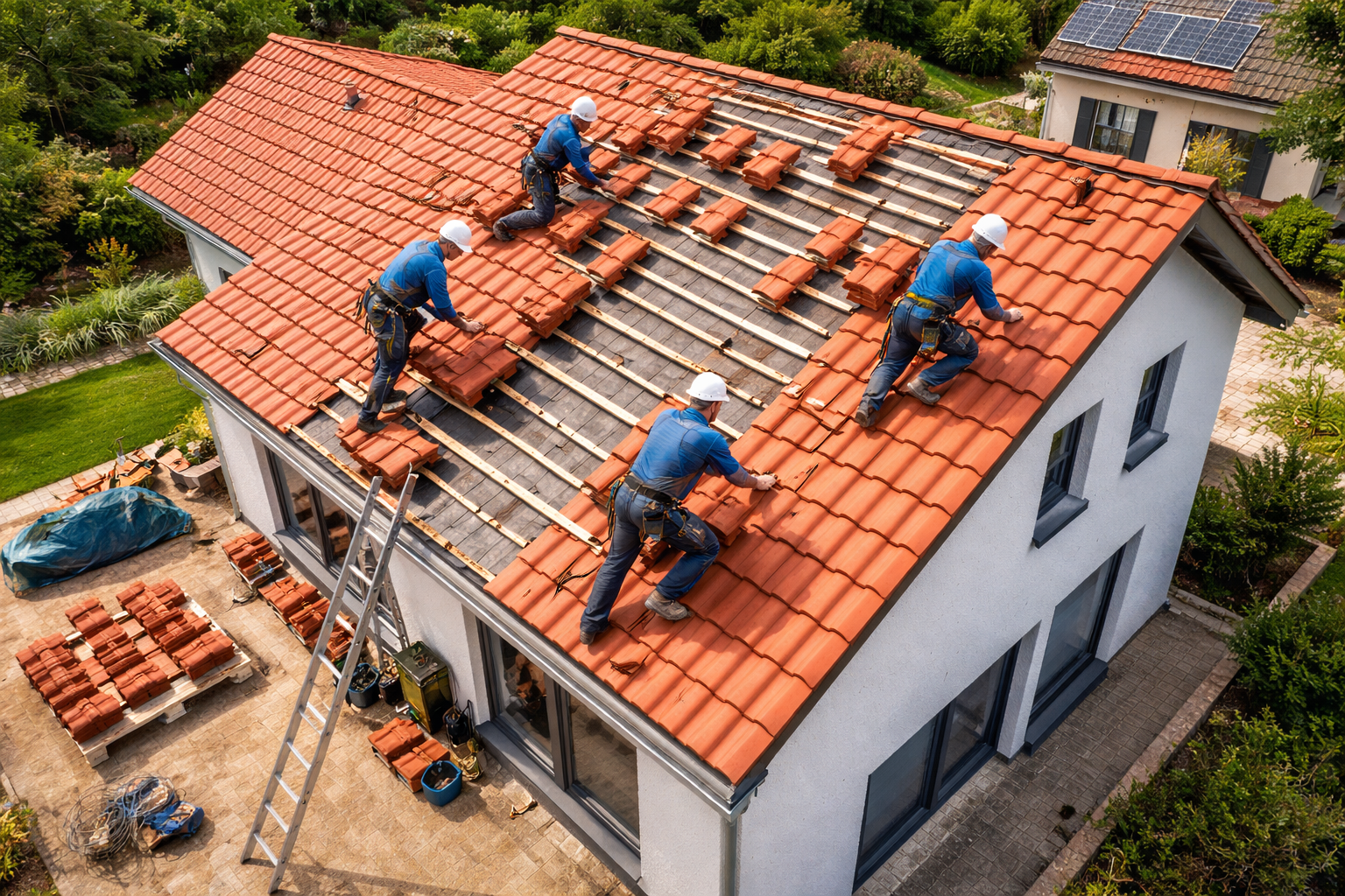 Cuatro obreros de la construcción, equipados con trajes de seguridad, instalan tejas de arcilla roja en el tejado de una casa en reparación.