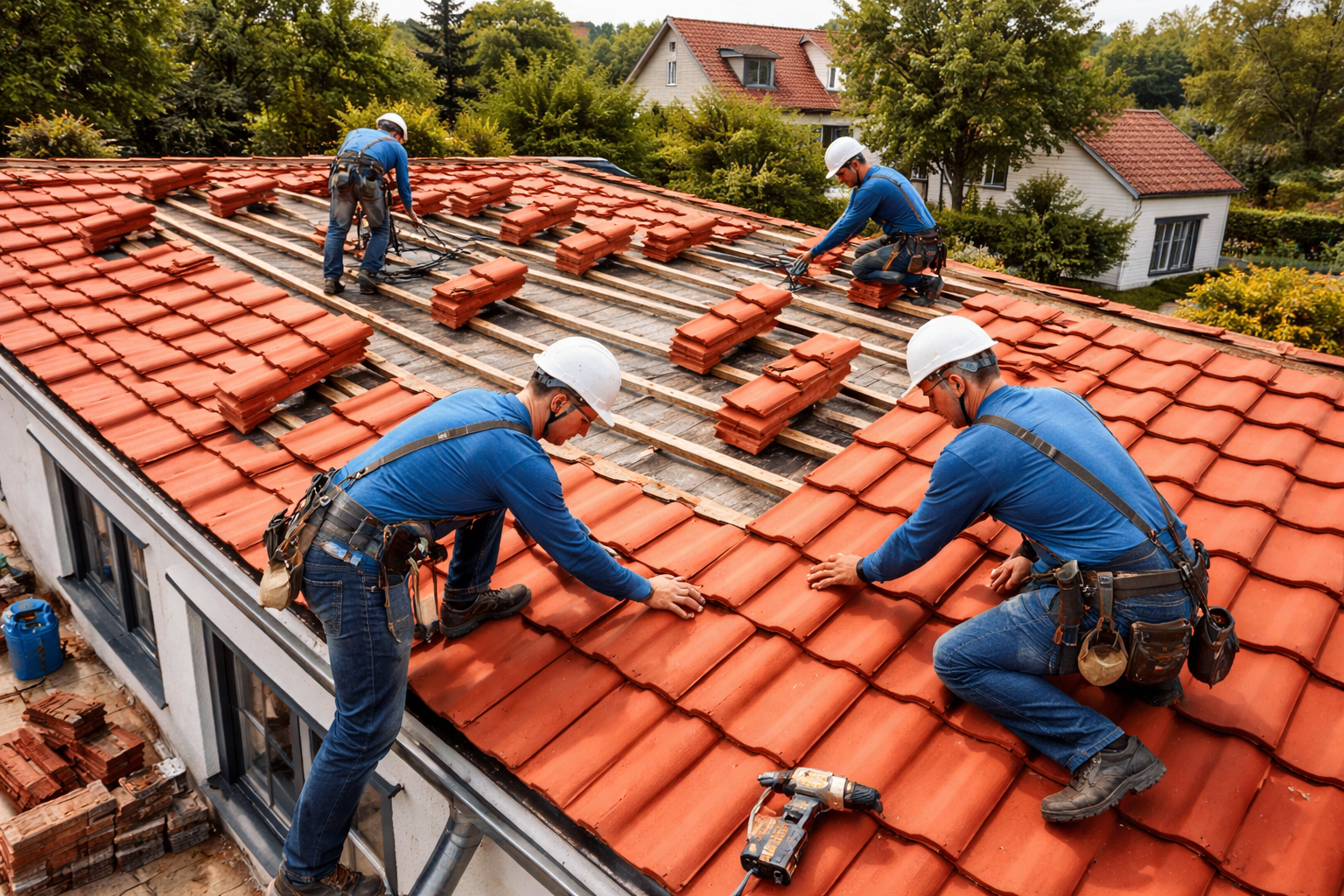 Cuatro trabajadores con uniformes azules y cascos instalan tejas rojas en el tejado de una vivienda.