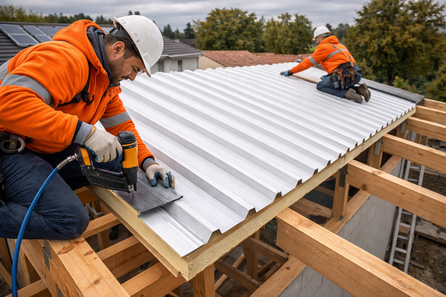 Dos obreros de la construcción, vestidos con chaquetas naranjas y cascos blancos, instalan paneles de techo de metal corrugado sobre una estructura de madera.
