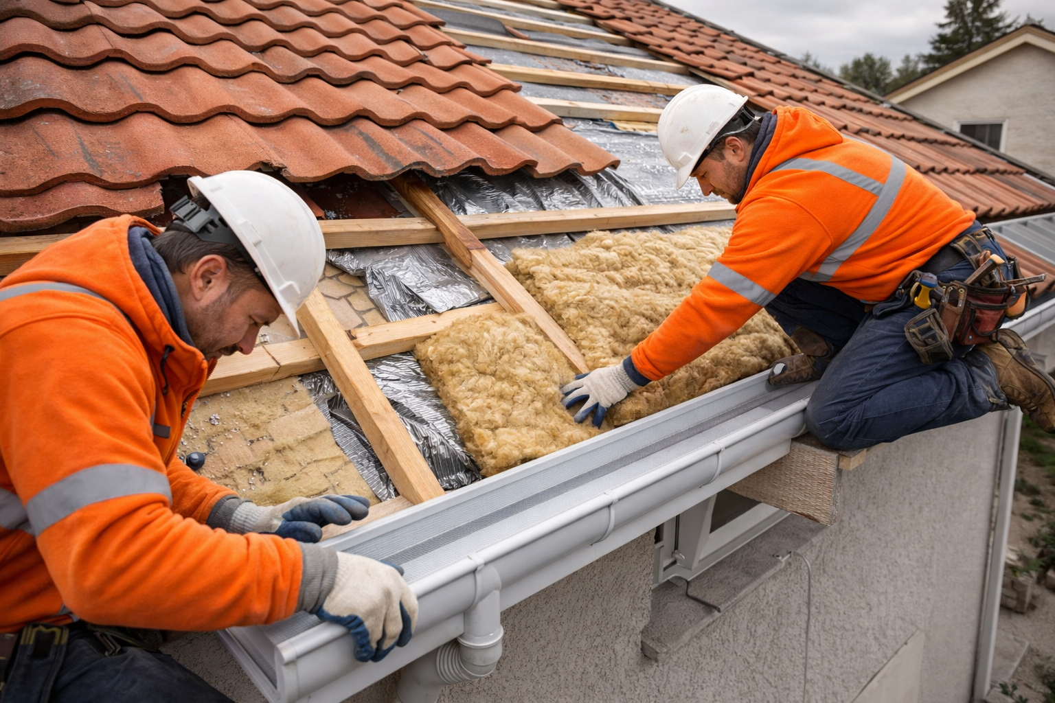 Dos obreros de la construcción, vestidos con chalecos reflectantes naranjas y cascos blancos, instalan material aislante entre las vigas de madera del tejado.