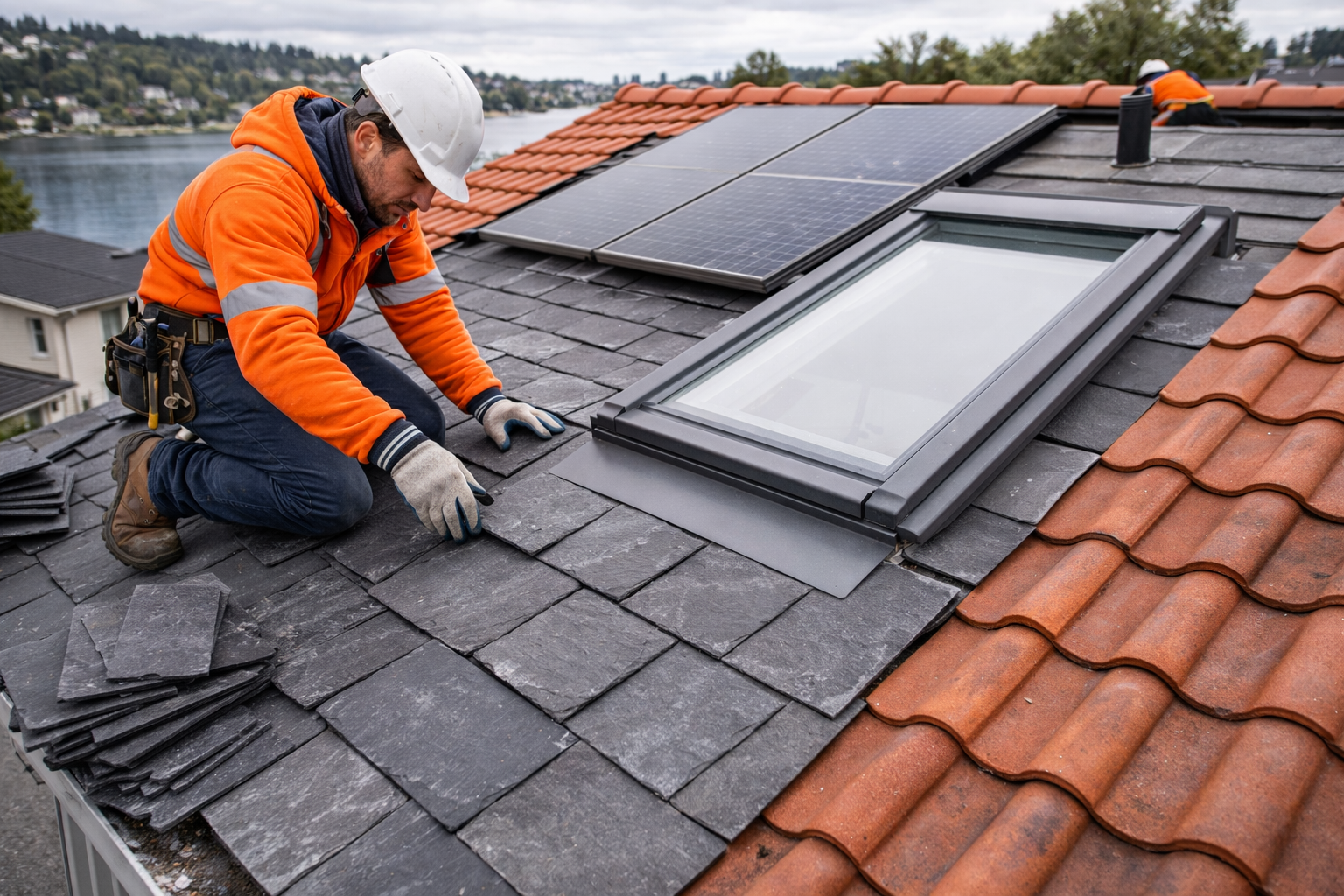 Un obrero de la construcción, con un chaleco naranja de alta visibilidad, instala tejas grises junto a una claraboya y paneles solares.