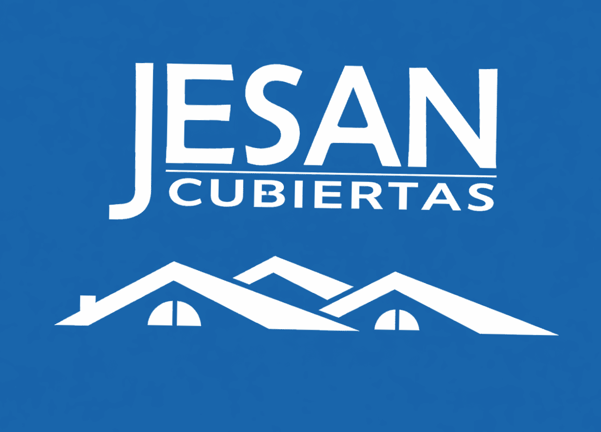 Logotipo de Jesan Cubiertas con texto blanco y un icono de techo estilizado sobre fondo azul.