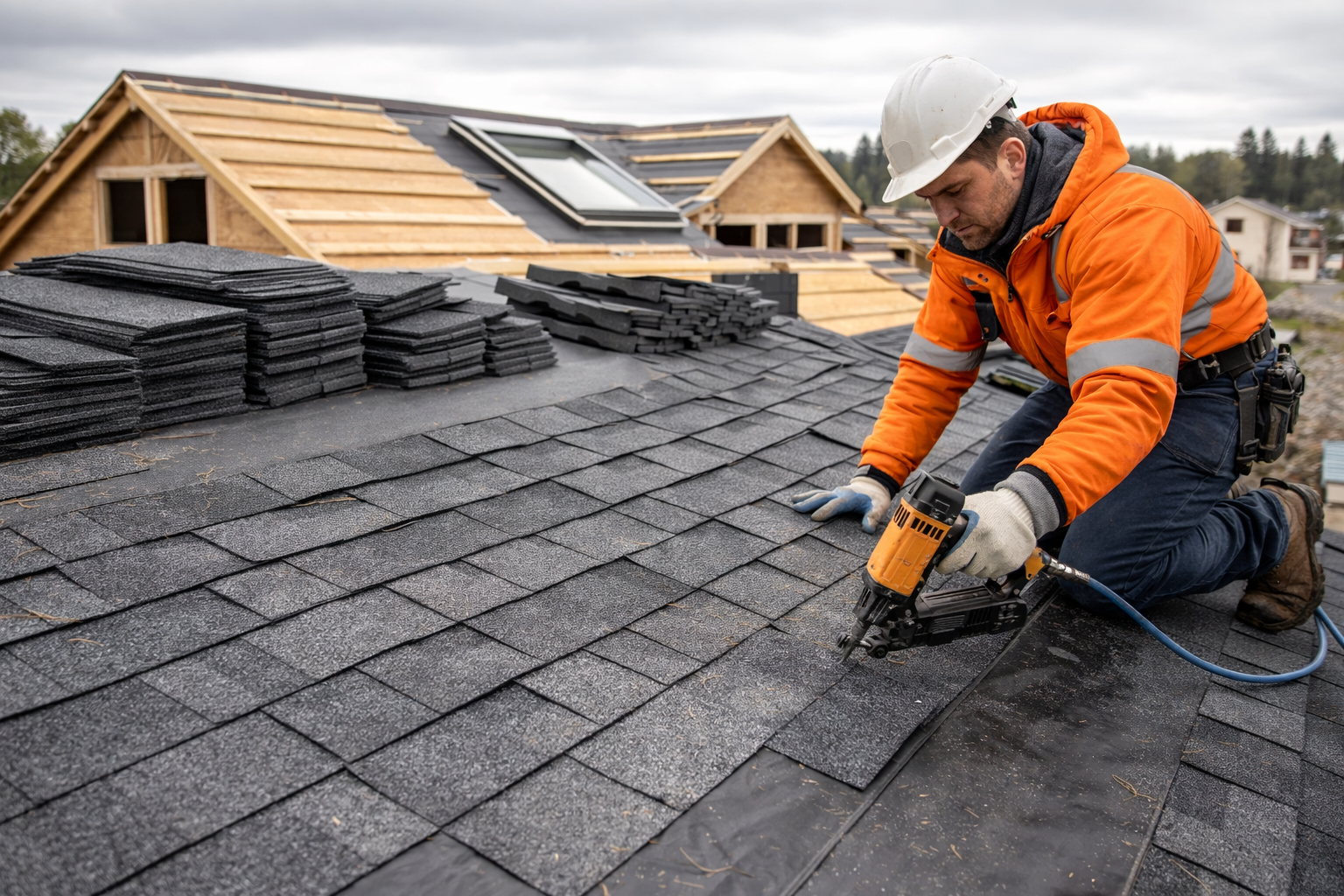 Un obrero de la construcción, con chaqueta naranja y casco blanco, utiliza una pistola de clavos para instalar tejas en un tejado.