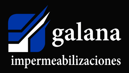 Logotipo de "galana impermeabilizaciones" con un cuadrado azul y líneas blancas en ángulo.