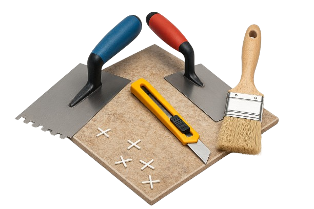 Truelle, couteau à mastic, grattoir à deux poignées et pinceau à manche en bois sur une surface grise.