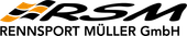 Logo der RSM Rennsport Müller GmbH: schwarzer, kursiver Text auf orange-schwarzem Flaggenmotiv.