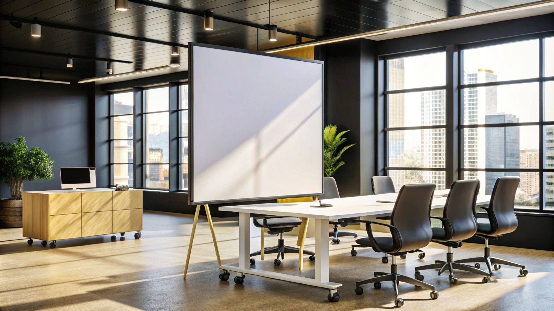 Mobiliers de bureau sur roulette avec grande baie vitrée et tableau blanc.