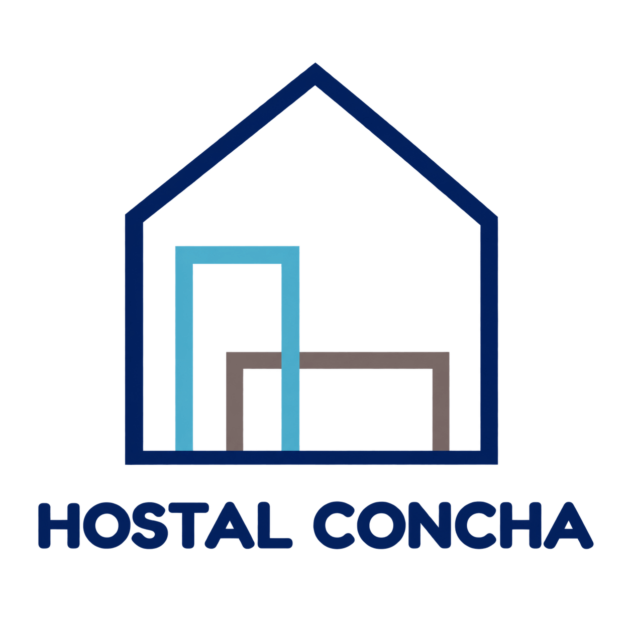 Logotipo de Hostal Concha con el contorno de una casa en azul marino, formas de puertas azules y grises, y texto debajo.