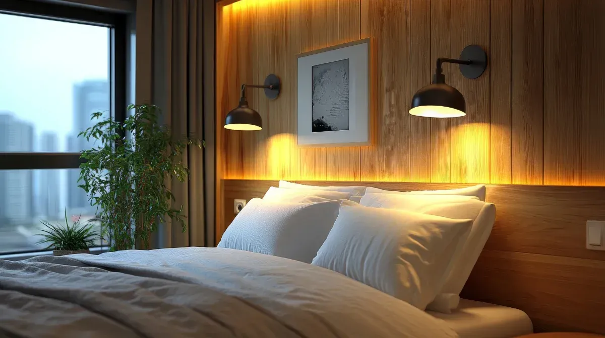 Un dormitorio con una cama, lámparas y una ventana.