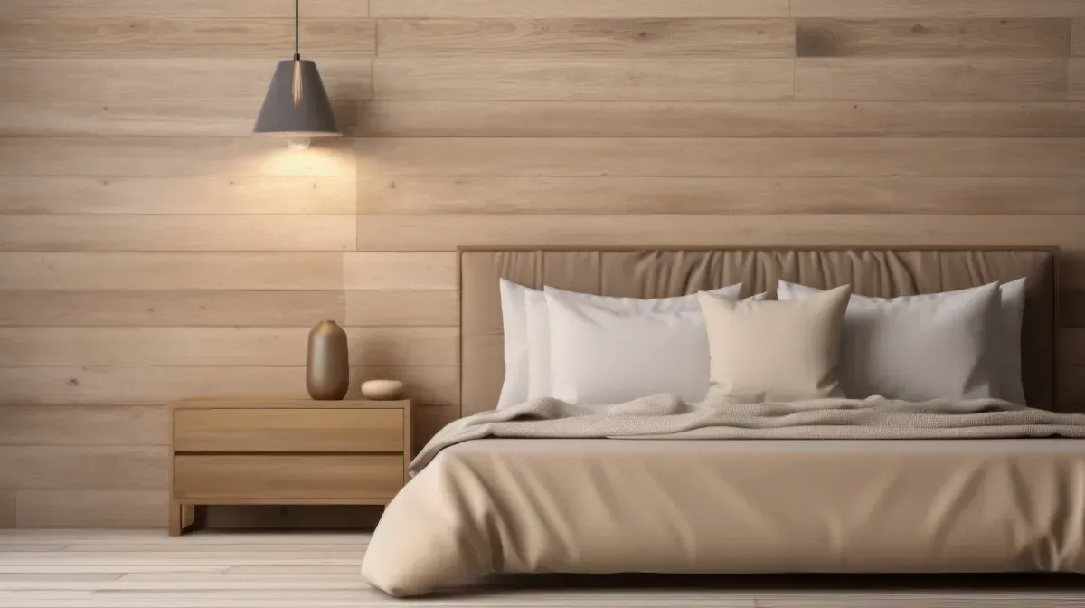 Un dormitorio con cama, mesita de noche, lámpara y paredes de madera.