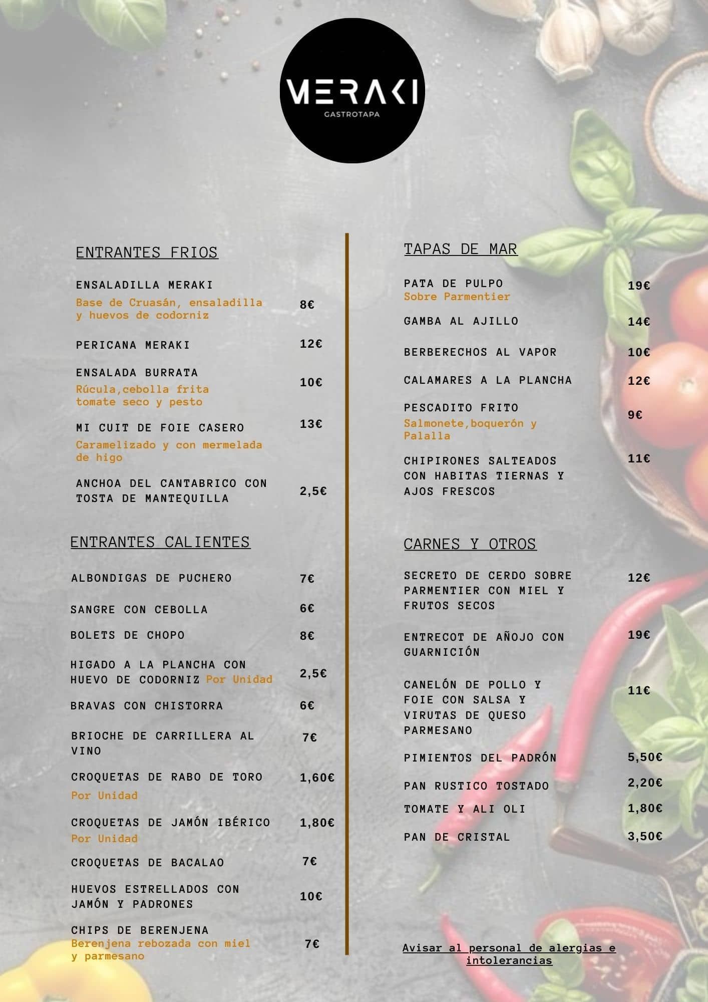 Menú del restaurante Meraki con texto sobre fondo oscuro.