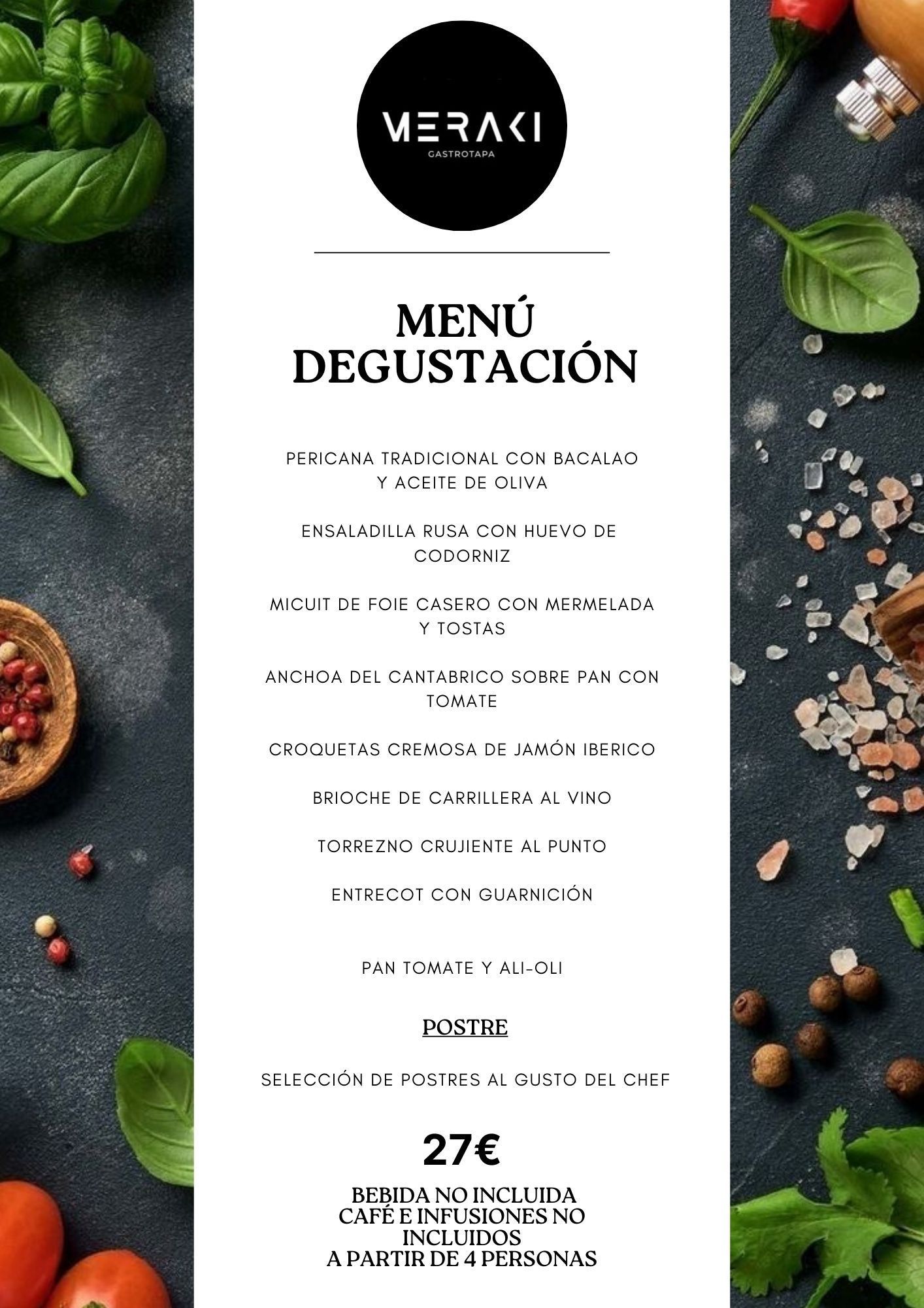 Menú del restaurante Meraki, que ofrece un menú degustación de varios platos, ambientado en un fondo de temática gastronómica.