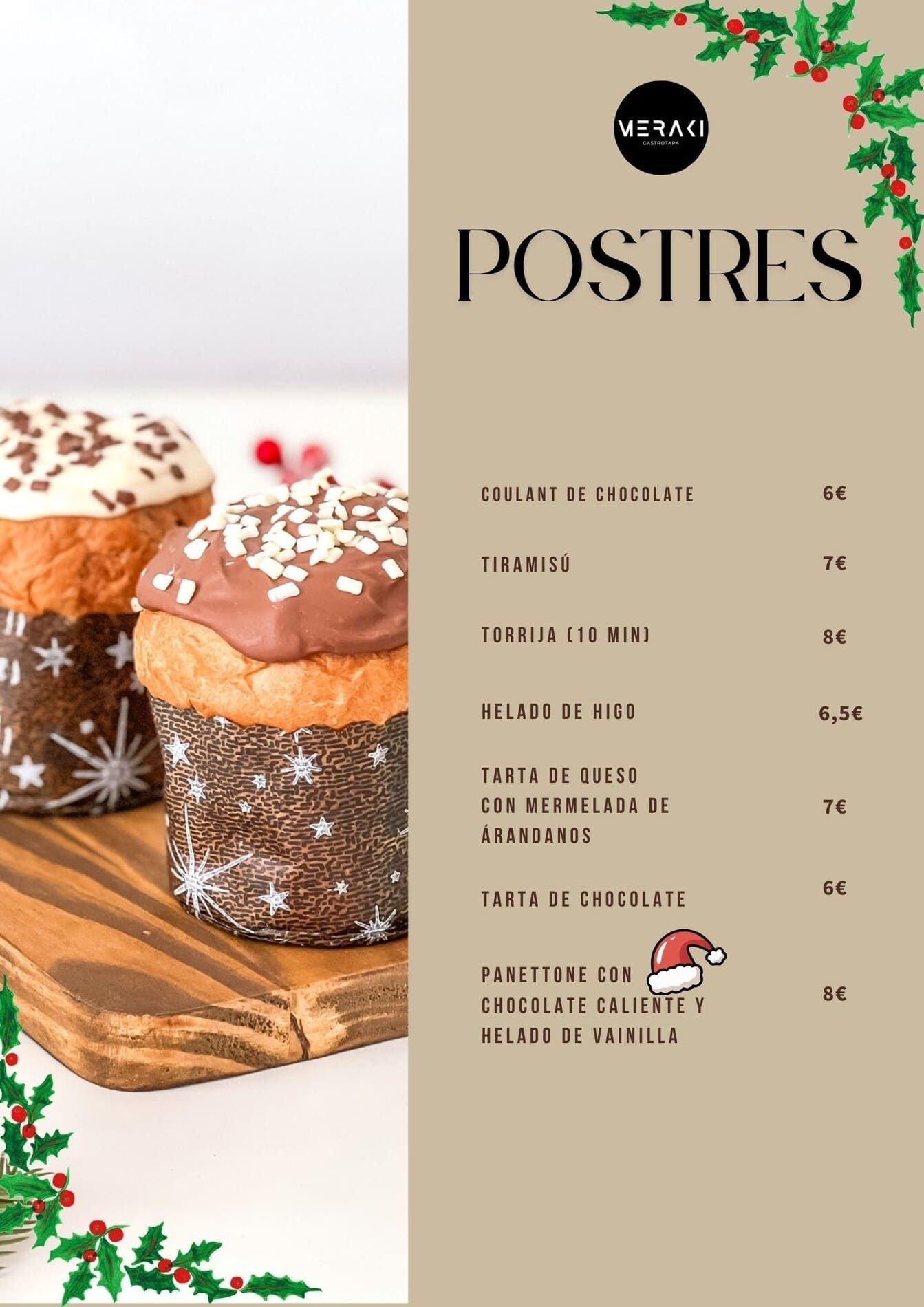 Menú de postres, con tartas de chocolate, con decoraciones navideñas.