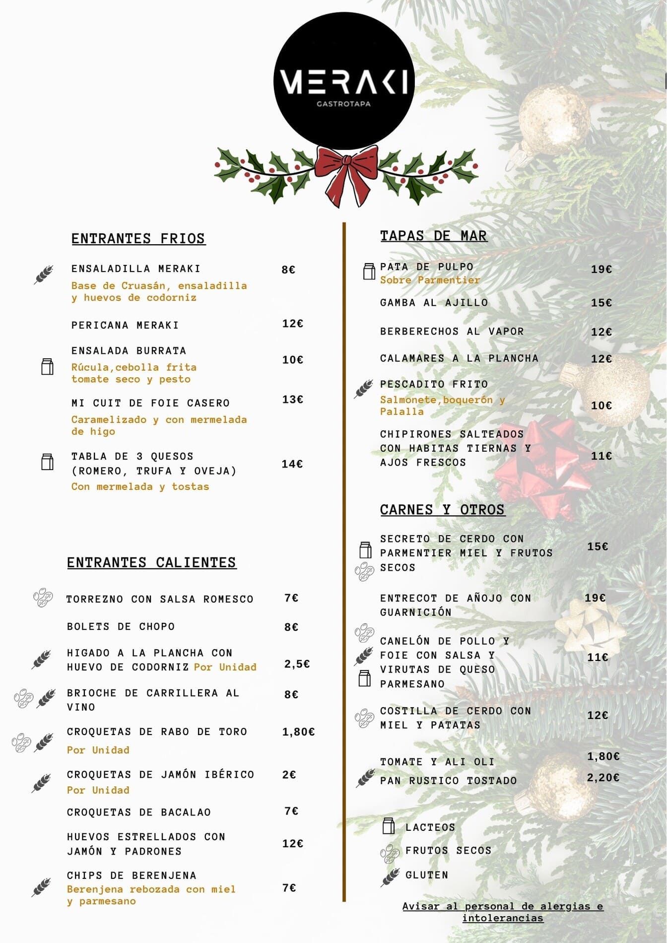 Menú del restaurante Meraki con texto sobre fondo oscuro.