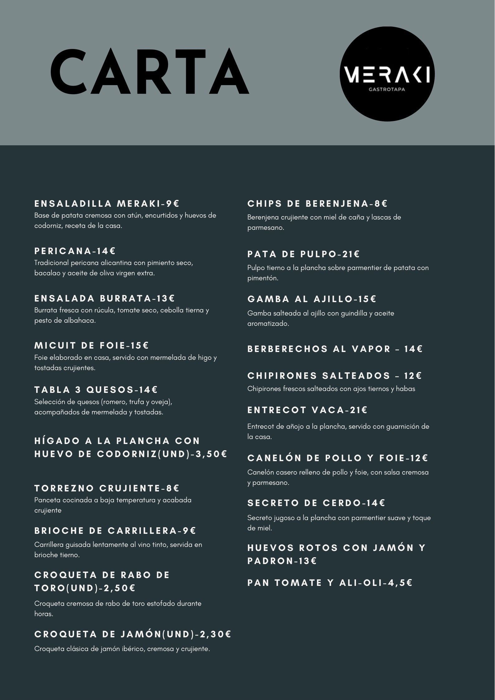 Menú del restaurante Meraki con texto sobre fondo oscuro.