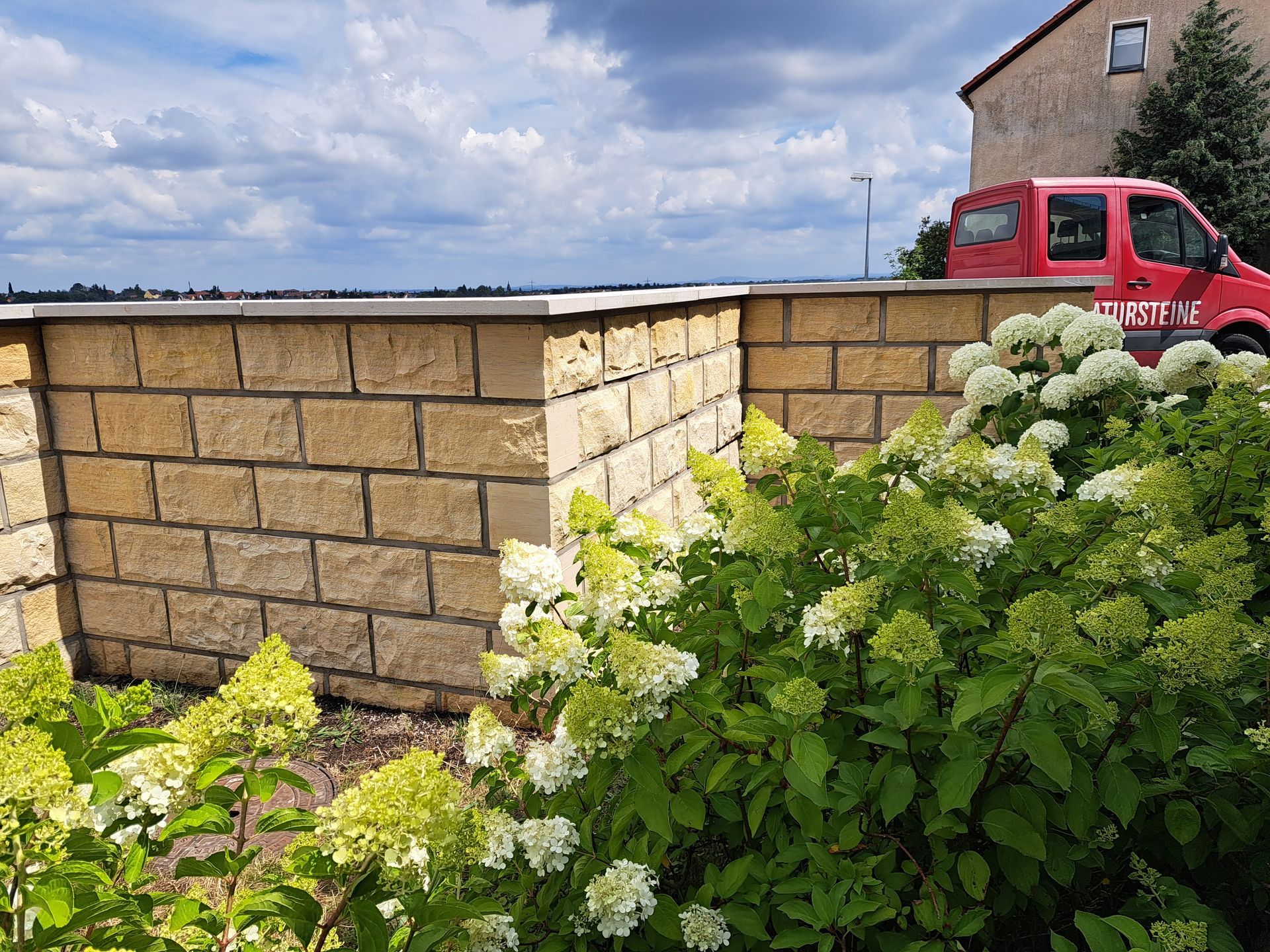Steinmauer mit hellgrün blühenden Sträuchern, im Hintergrund roter Lieferwagen, bedeckter Himmel.