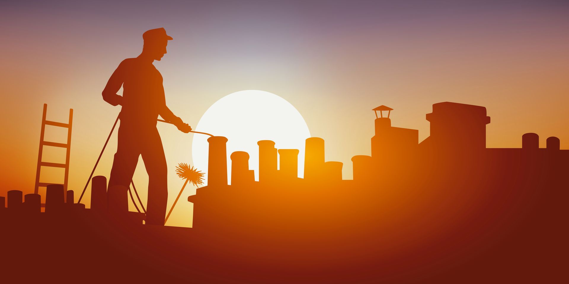 Silhouette d'un ramoneur travaillant sur un toit au coucher du soleil, tenant ses outils près des cheminées.
