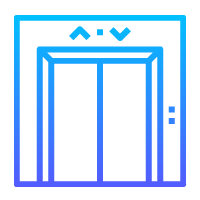 Ascenseur avec portes fermées, flèches haut et bas et panneau de commande. Dégradé bleu.