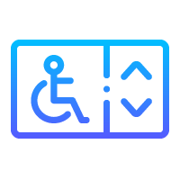 Panneau bleu représentant un fauteuil roulant à côté des flèches montantes/descendantes de l'ascenseur.