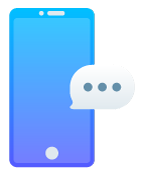 Smartphone bleu avec une bulle de dialogue contenant trois points.