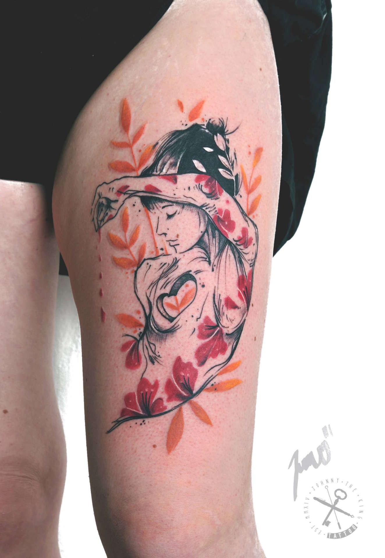 Tattoo Aquarelltechnik Frau Oberschenkel