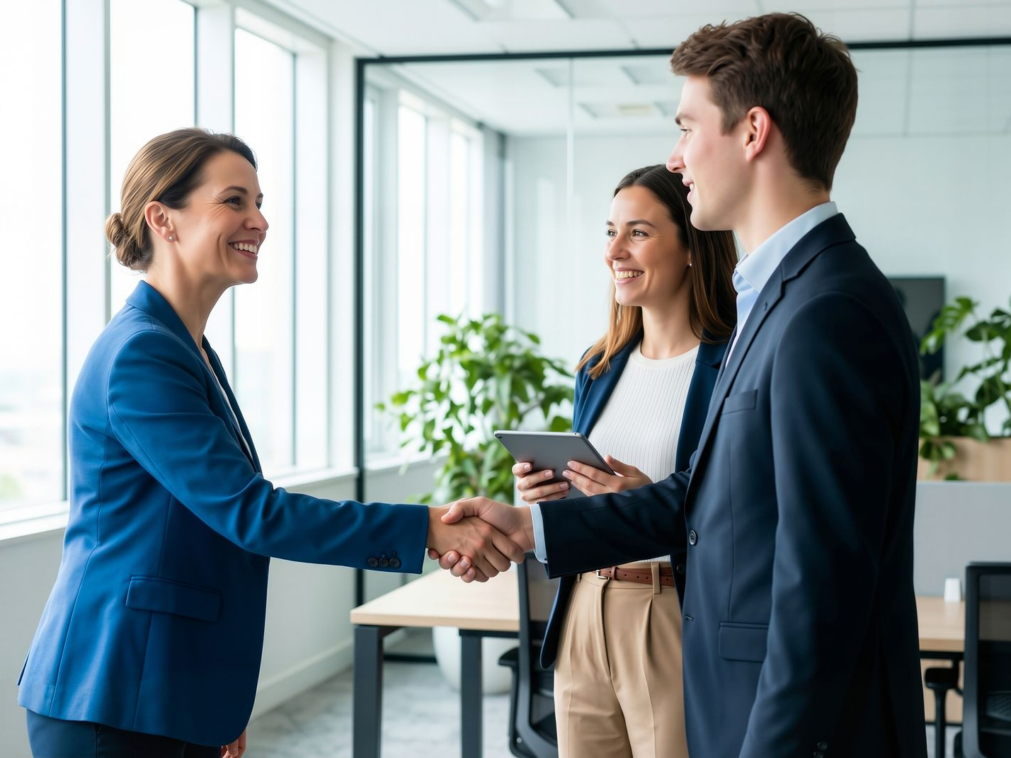 Trois professionnels se serrent la main dans un bureau, une femme tenant un dossier à proximité.