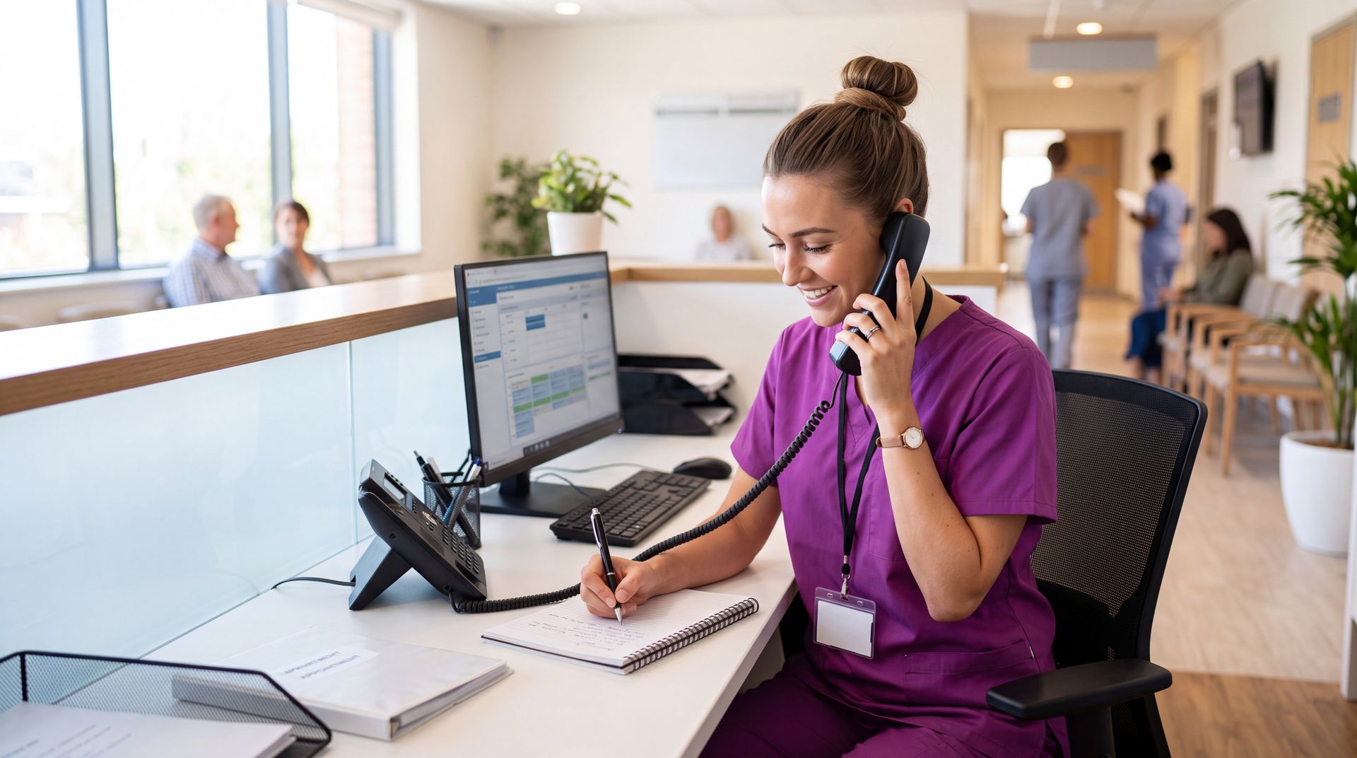 Une femme en uniforme violet, au téléphone, assise à un bureau, prend des notes dans un bureau lumineux.