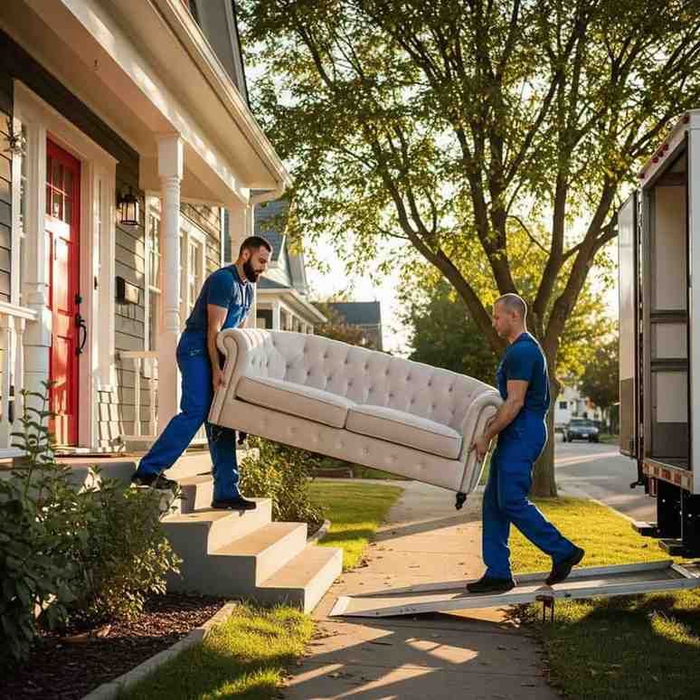 Dos hombres llevan un sofá a una casa.