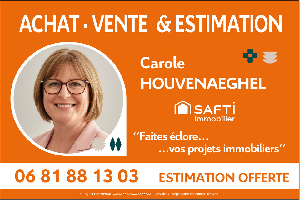 Carte de visite de l'agent immobilier Carole Houvenaeghel - Conseillère SAFTI pour l'imobilier, avec le numéro de téléphone.