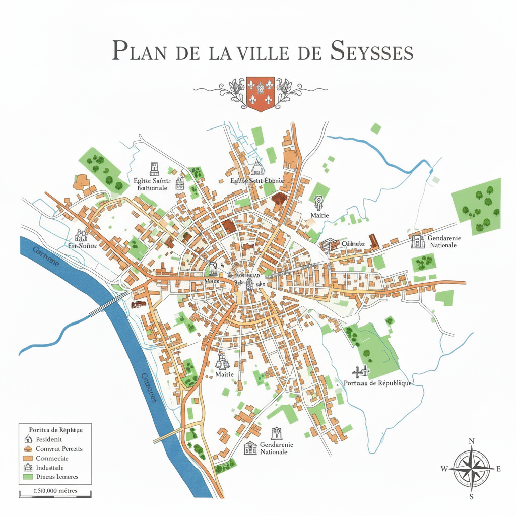 Carte de Seysses, en France, montrant les routes, les bâtiments de la ville, les espaces verts et une rivière traversant la ville.