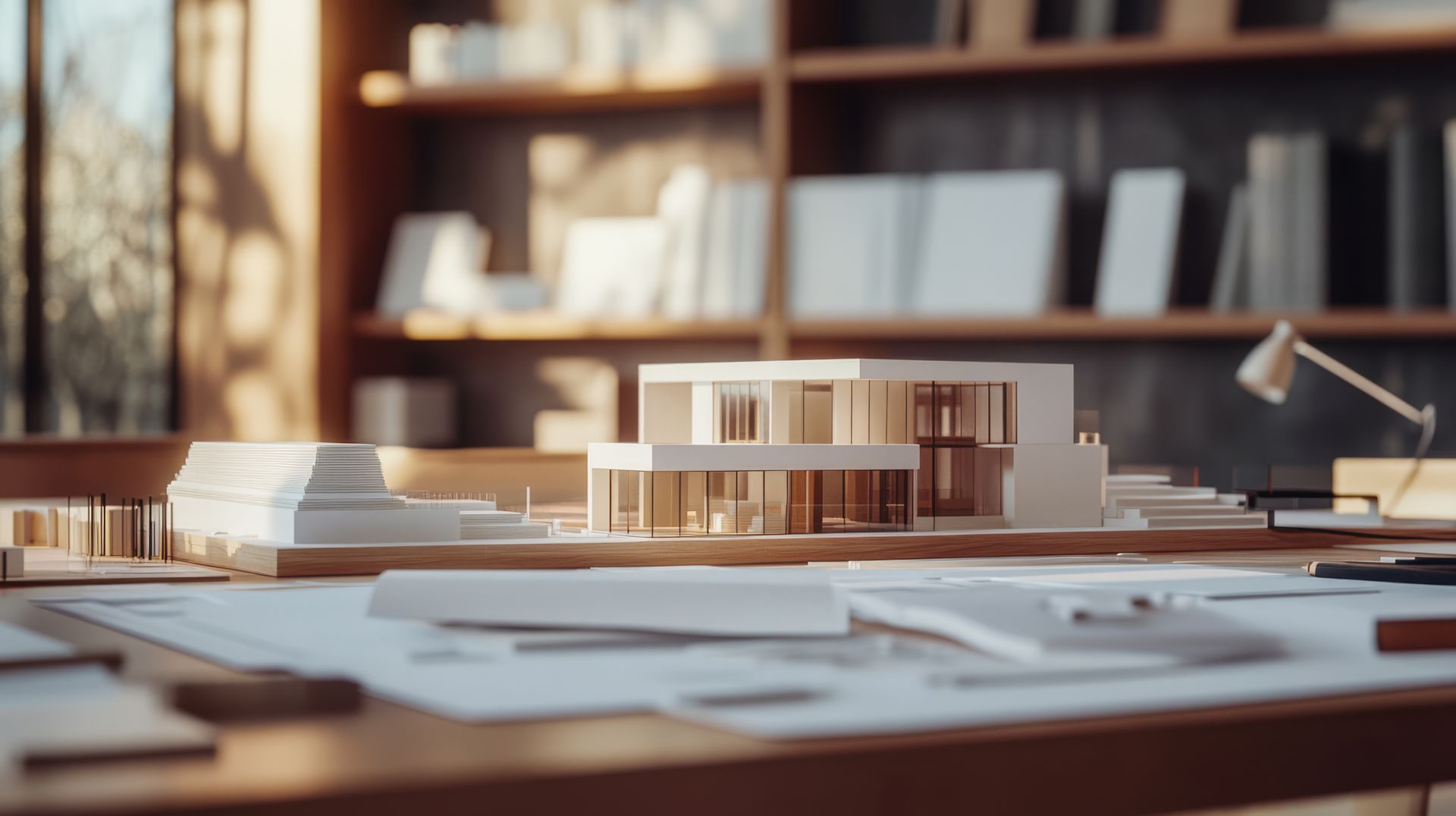 Une maquette architecturale miniature d'une maison moderne repose sur un bureau recouvert de plans, devant une bibliothèque aux contours flous.