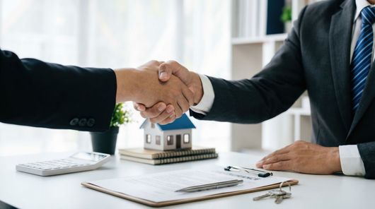 Deux personnes en costume se serrent la main devant un bureau où se trouvent une maquette de maison, des documents et des clés, symbolisant une transaction immobilière.