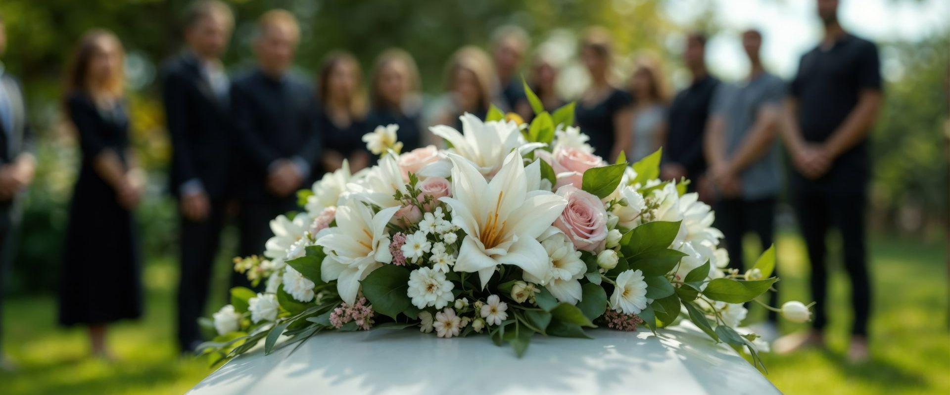 Des fleurs sur un cercueil avec des gens derrière.