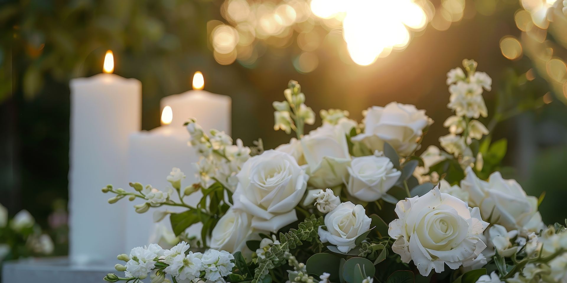 Des bougies blanches allumées avec des fleurs blanches.