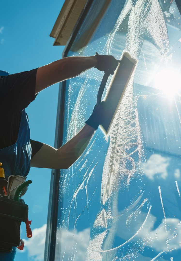 Personne nettoyant une vitre avec une raclette.