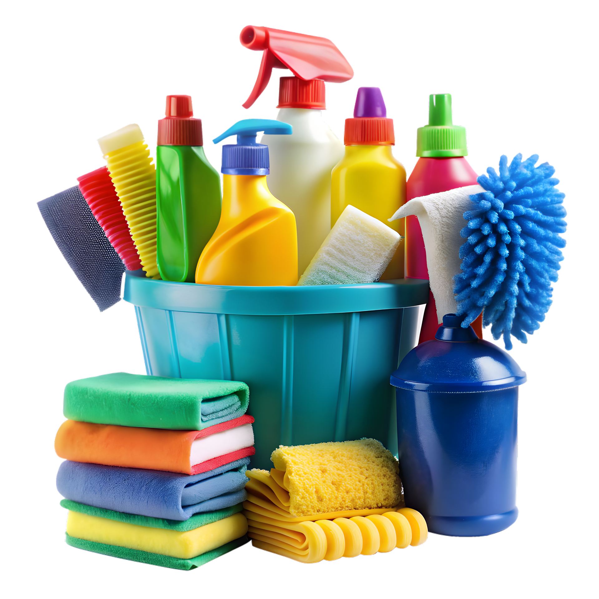 Produits de nettoyage dans un seau bleu : bouteilles, brosses, éponges et serviettes.