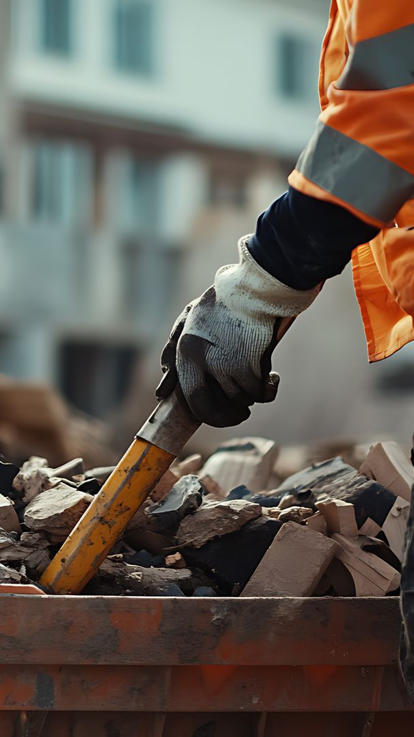 Un ouvrier en tenue de sécurité orange utilise un outil pour déplacer des gravats sur un chantier de construction.